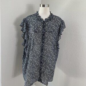 Pleione Blouse Womens 3X Black Blue Floral Ruffle Sleeve Button Front Sheer Top